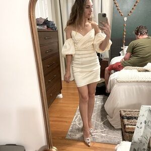 Off shoulder mini shimmery dress. Ivory bridal shower mini dress puff sleeve